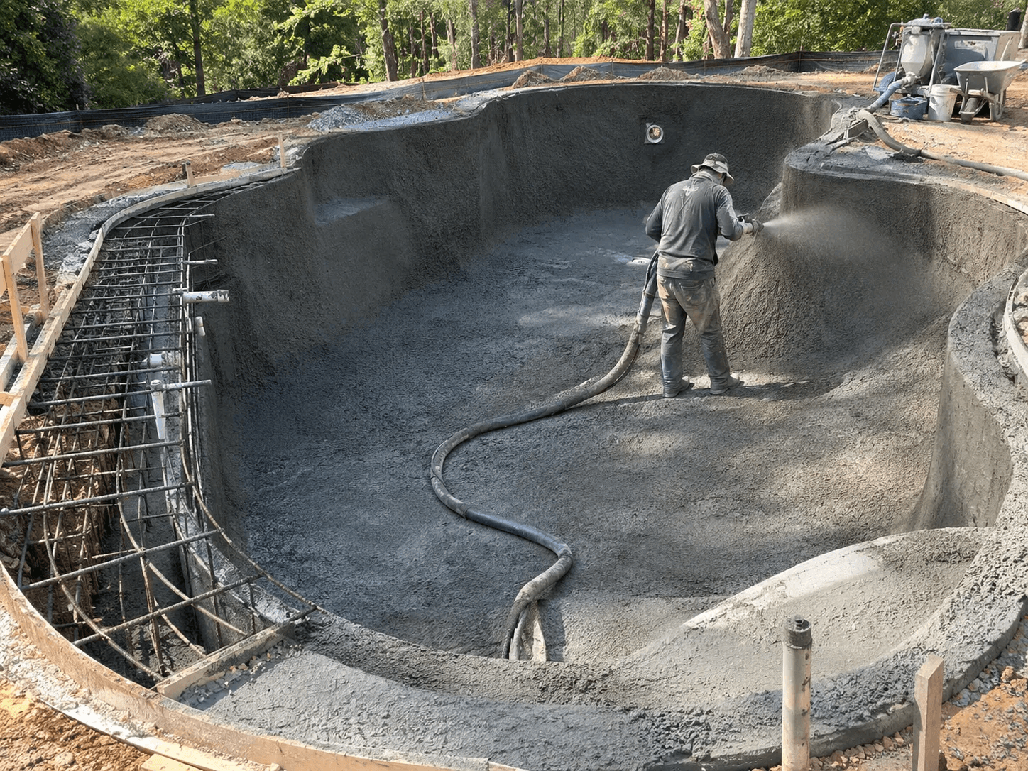 Gunite pool under construction: a worker spraying concrete over a steel rebar frame